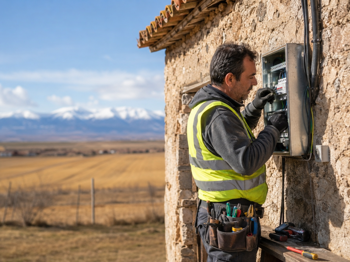 Técnico realizando instalación eléctrica en zona rural